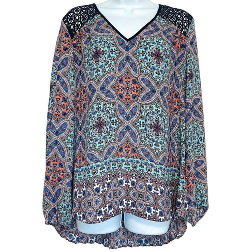 Crochet Boho Tunic Top DR2 Womens‎ Size L Blue High Low Pleated Light Flowy